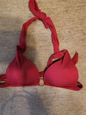 Burgundy Ribbed Halter Push Up Bikini Top